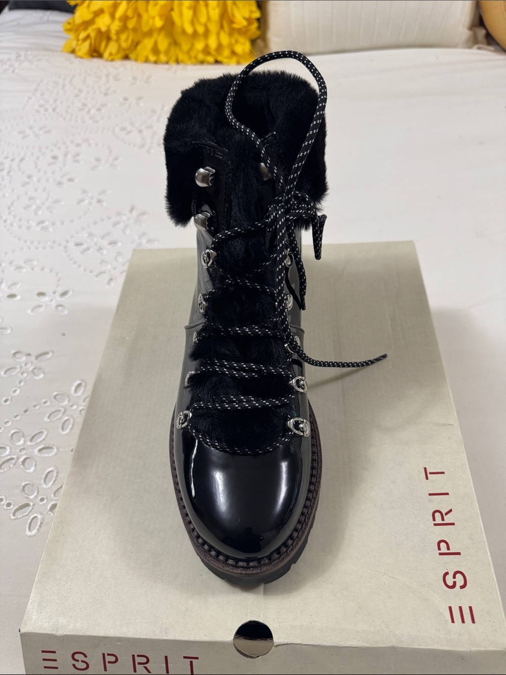 Esprit Black Patent Lace-Up Ankle Boots with Faux Fur Cuff